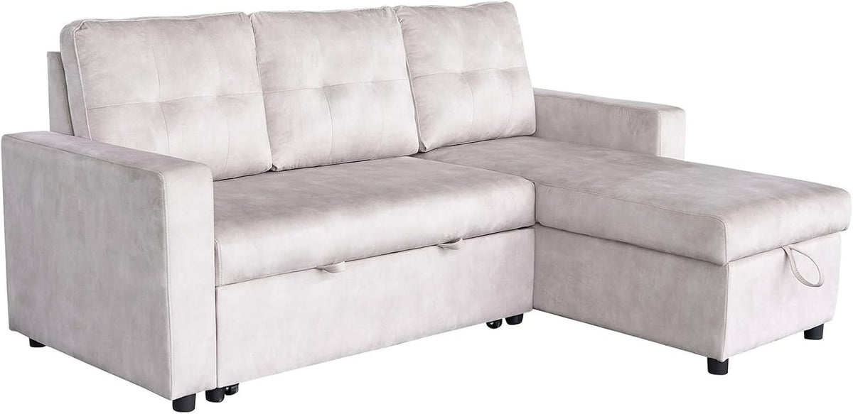 Ecksofa APARTMENT, champagner beige, Samt, Bettfunktion inkl. Stauraum