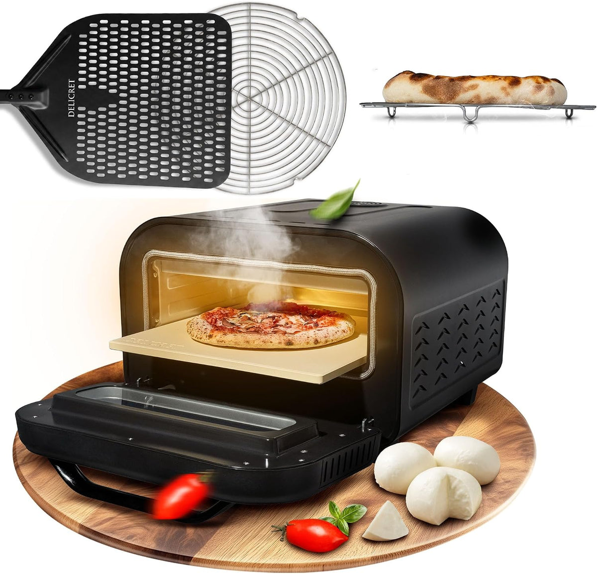 DELICRET elektrischer Pizzaofen 12', bis zu 450℃, 1700 Watt, Backraumtemperatur und Steintemperatur getrennt einstellbar