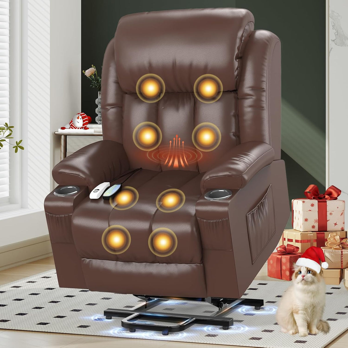 YONISEE Fernsehsessel Massagesessel Elektrisch Relaxsessel mit Liegefunktion Aufstehhilfe, TYP C & USB-Anschlüsse Leder Sessel Wohnzimmer, Fußteil