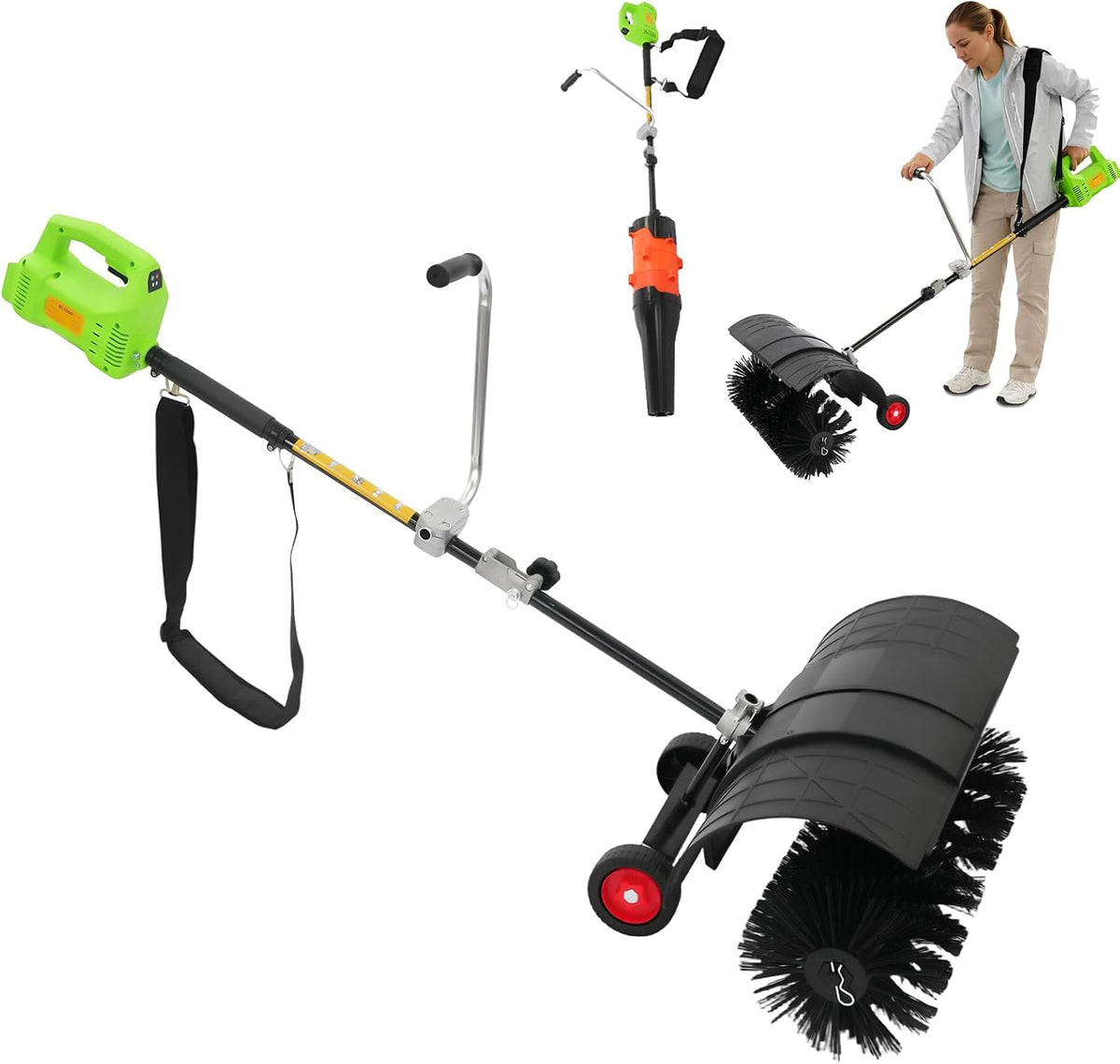 Kehrmaschine Elektrisch Motorbesen, 2-in-1 Kehrmaschine mit Gebläse & Hilfsräder, 1300 W 9000 U/min Schneeschieber Kehrbesen Schneefräse Laubbläser
