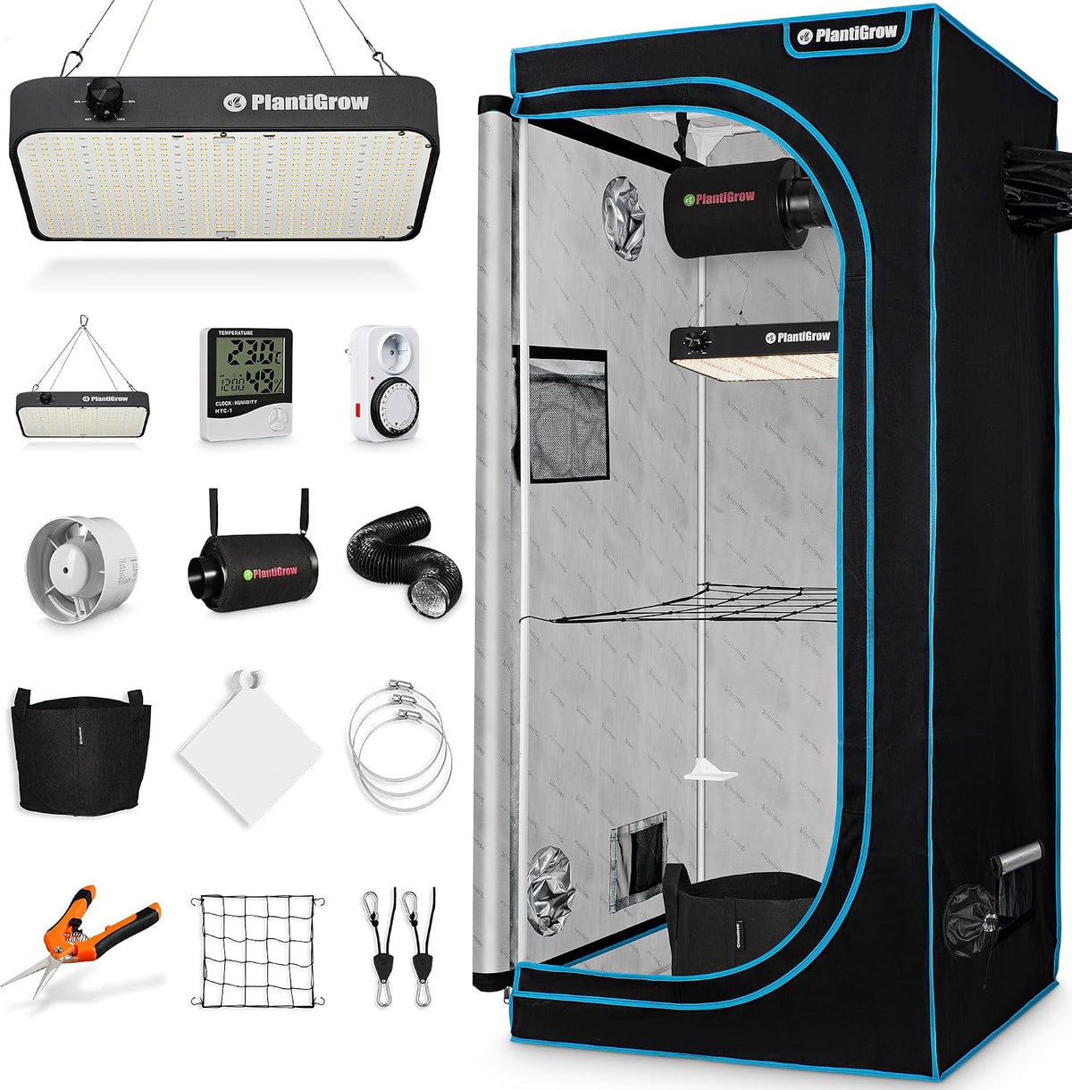 Growzelt Komplettset, Indoor Gewächshaus mit 150W Vollspektrum LED Lampe (Dimmbar), 1680D, Abluftschlauch (80x80x180cm), Carbon-Filter