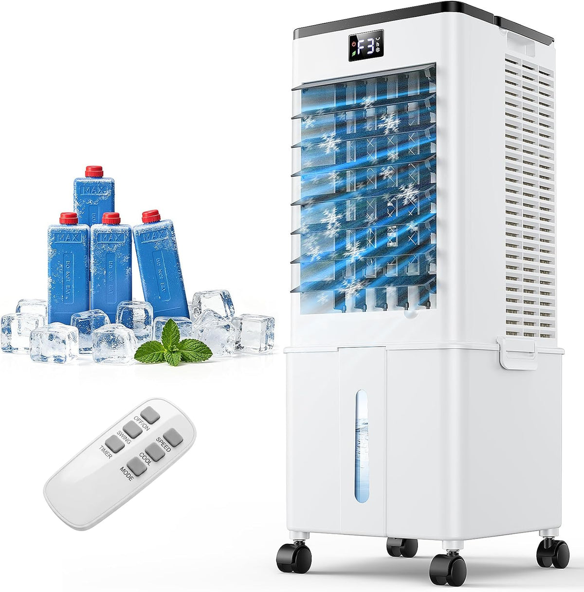 Mobile Klimaanlage ohne Abluftschlauch, 4-in-1 Verdunstungskühler mit 12H Timer, 10L Luftkühler 60W, Abnehmbarem Wassertank für Schlafzimmer, 4 Modi