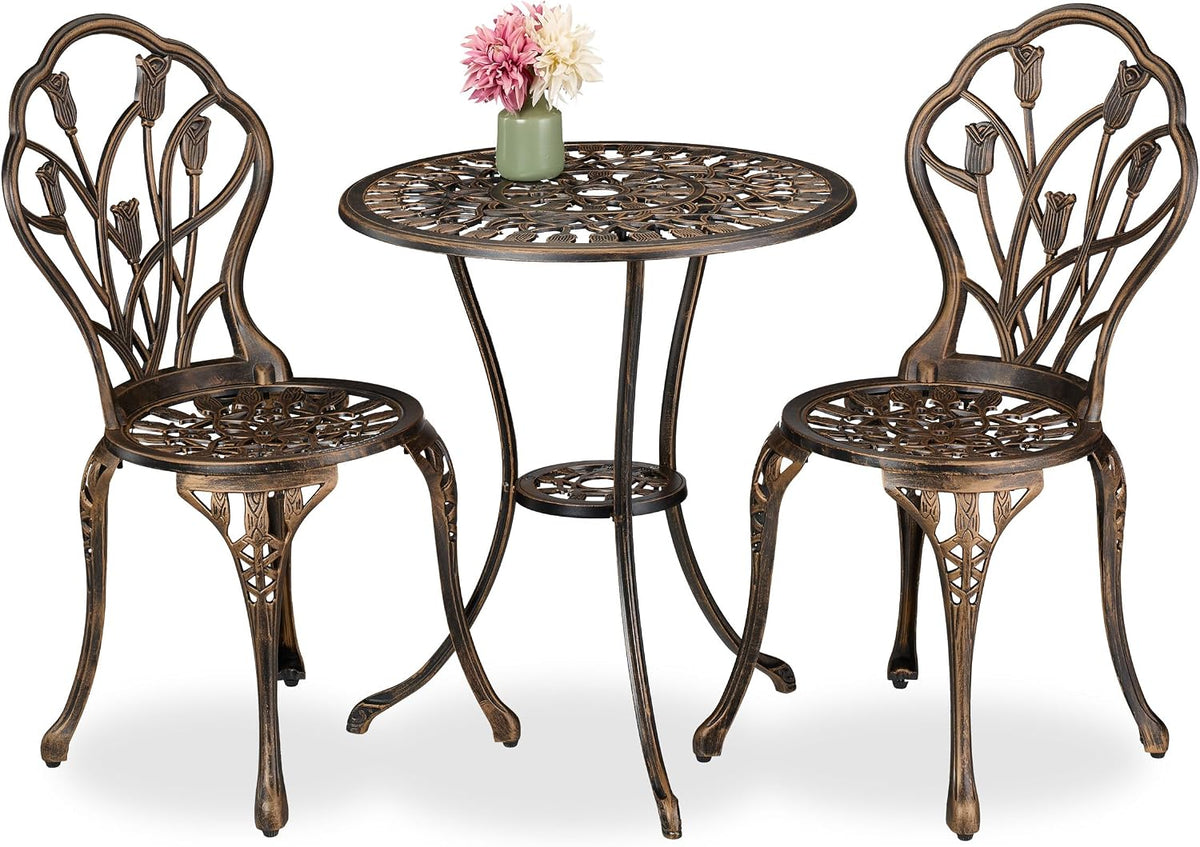 Relaxdays Gartenmöbel Set 3-teilig, Tisch, 2 Stühle, Aluguss, Balkonmöbel Antikdesign, Garten Sitzgruppe, schwarz/Bronze