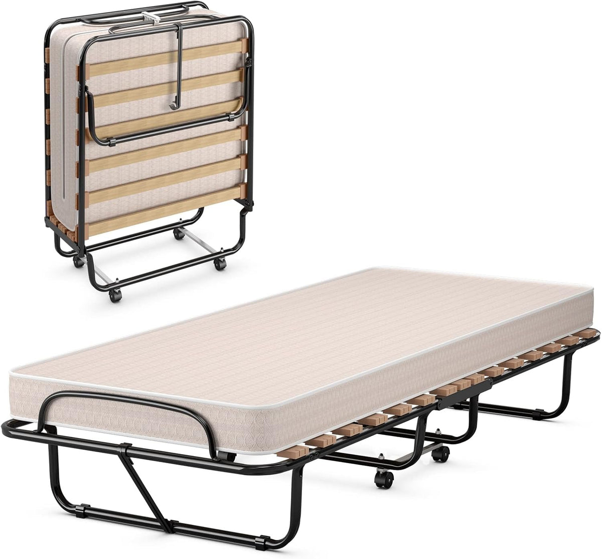 GOPLUS Gästebett 80x190 cm, Klappbett mit Matratze, Einzelbett Erwachsene für Schlafzimmer& Büro (Beige), Stahlrahmen