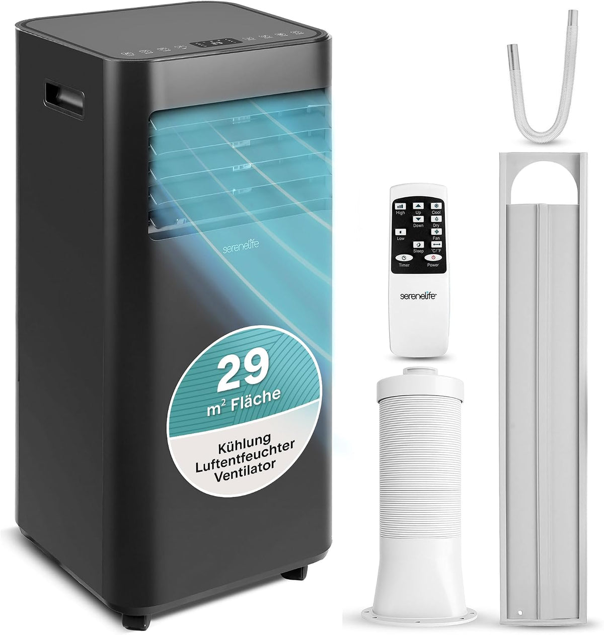 SereneLife Schwarz Mobiles Klimagerät 7000 BTU 2,0kW für 28 m², 3-in-1 mit Entfeuchter und Ventilator, Leise 54 dB, Air Conditioner mit Abluftschlauch