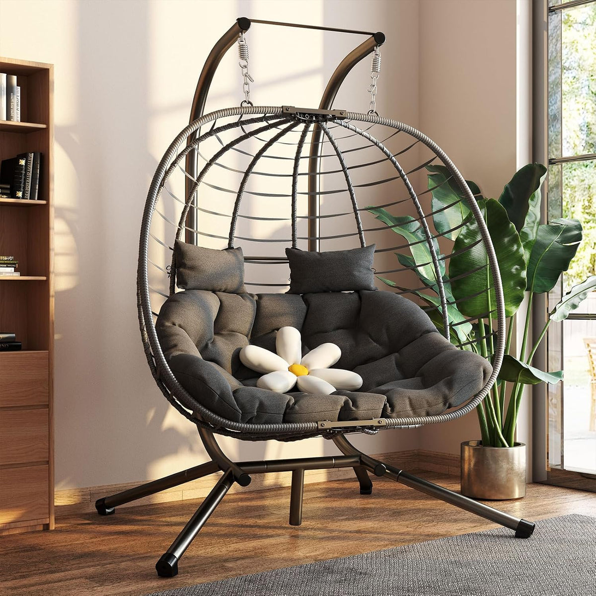 Amopatio Doppel Hängesessel mit Gestell & Kissen, Wetterfester Rattan Hängeschaukel für 2 Personen, Mental Schaukelsessel für Garten, Balkon, Terrasse