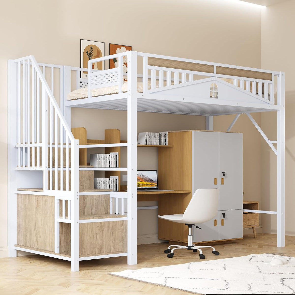 Merax Metall-Hochbett 90 x 200 cm, weiß (ohne Matratze und Kleiderschrank), Schrank und Leiter für Lagerung