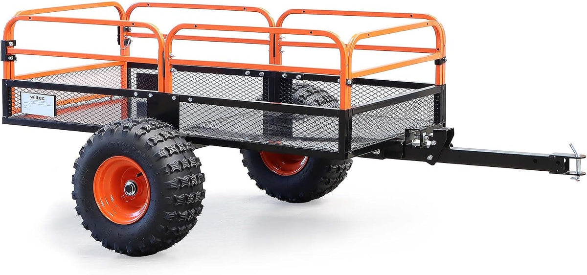 Wiltec Kippanhänger bis 680 kg für Rasentraktor, Anhänger Kipper 216 x 122 x 76,2 cm mit Gitter u. abnehmbaren Seitenwänden, Anhänger mit Kippfunktion