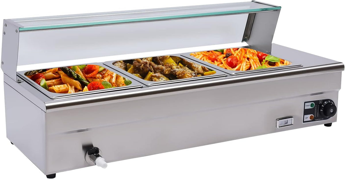 Buffetwärmer Warmhalteplatte Speisenwärmer 1200W Heizleistung 22kg 3 Töpfe 6L Buffet Wärmer Temperatur 30-80°C,0.6mm Gehäuse Gehärteter Glasdeckel