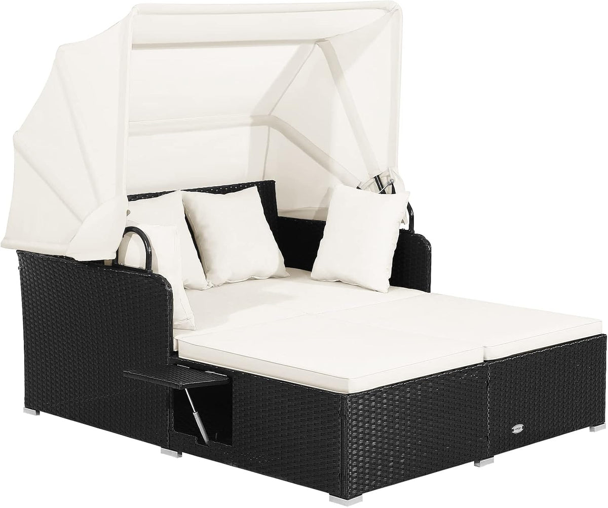 FANTASK 2 Personen Sonnenliege Rattan, Gartenliege mit Dach, Kissen & ausklappbaren Seitentischen, Auflage, Doppelliege, Sonnenbett, Loungebett