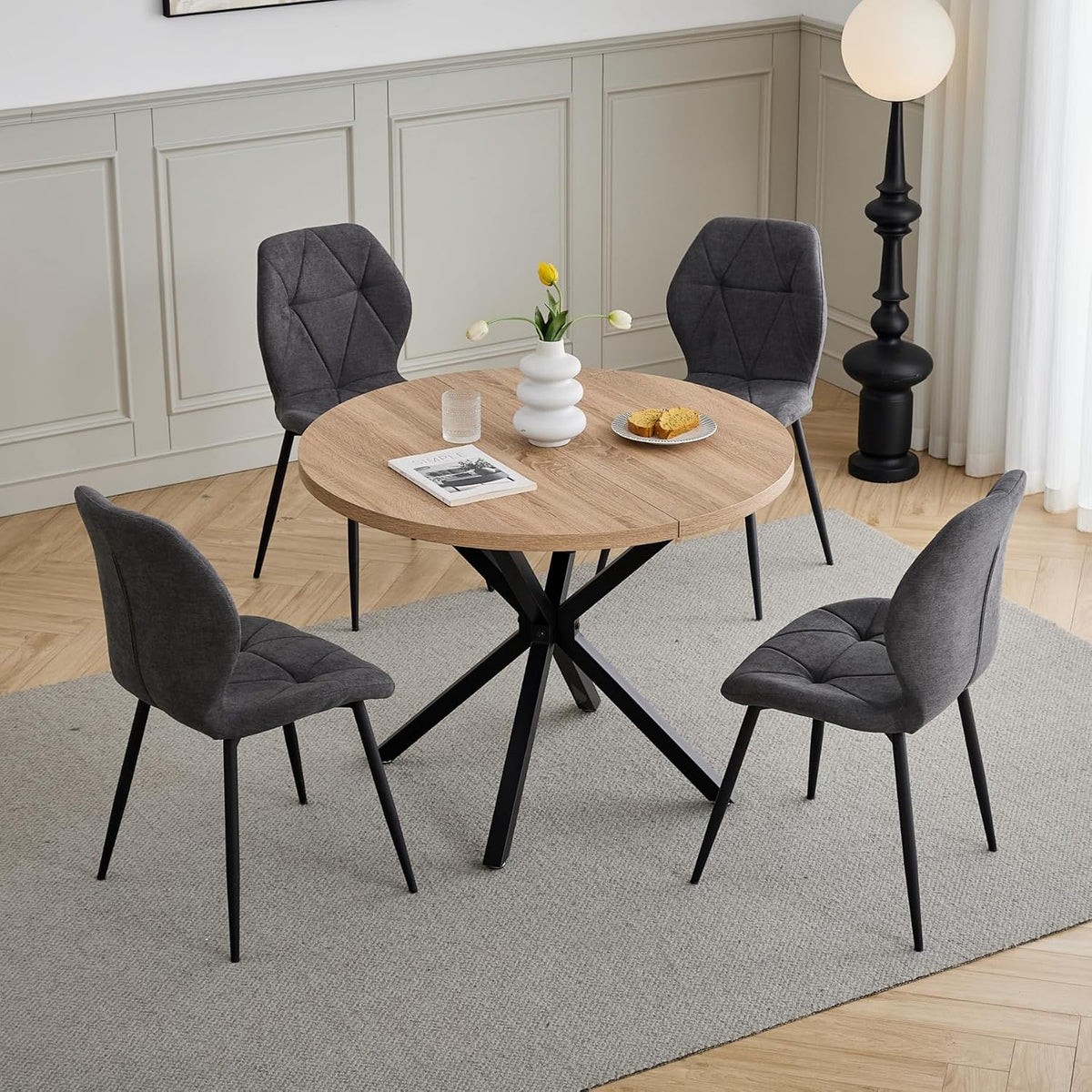 Esstisch und Stuhlset, 100 cm Runder Esstisch und 4 Moderne Leinenstühle, für Esszimmer, Küche, Wohnzimmer (Helle + Dunkelgrau)