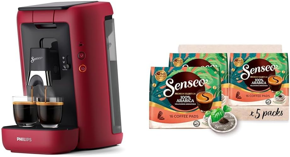 Philips Senseo Maestro Kaffeepadmaschine Bundle mit 80 Kaffeepads, Rot (CSA260/90), 1,2L, aus recyceltem Plastik, 3 Kaffeespezialitäten, Memo-Funktion