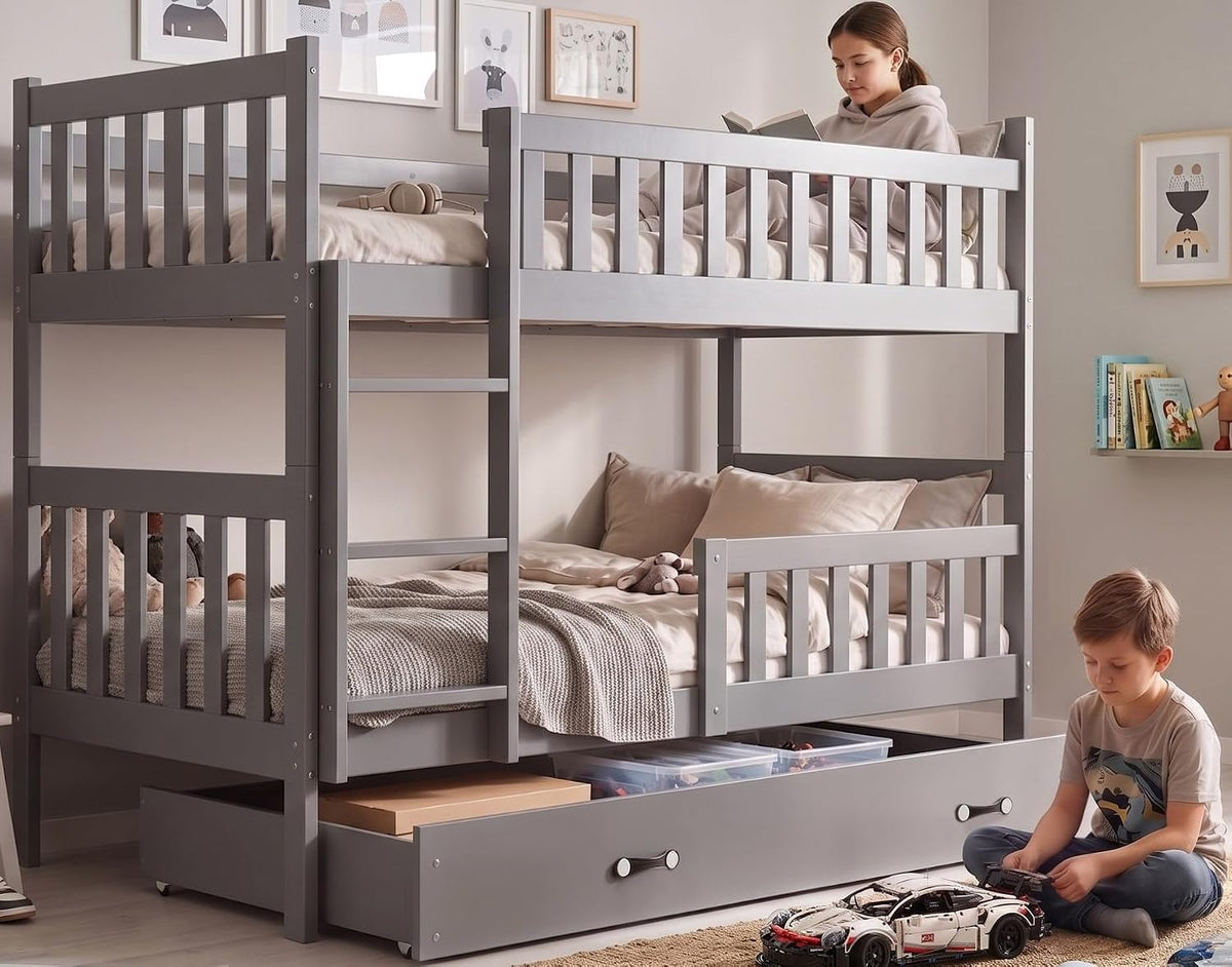 Interbeds Etagenbett 200x90 cm Hochbett Stockbett mit Schublade Holzbett Kiefernholz Kinderbett Jugenbett mit Lattenrost und Rausfallschutz