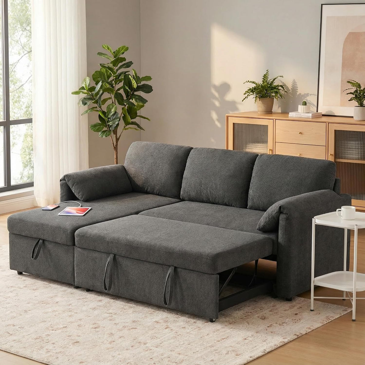 Kingfun 203cm Ecksofa mit Schlaffunktion & Bettkasten, 3-Sitzer ausziehbares L-Form Schlafsofa mit Stauraum