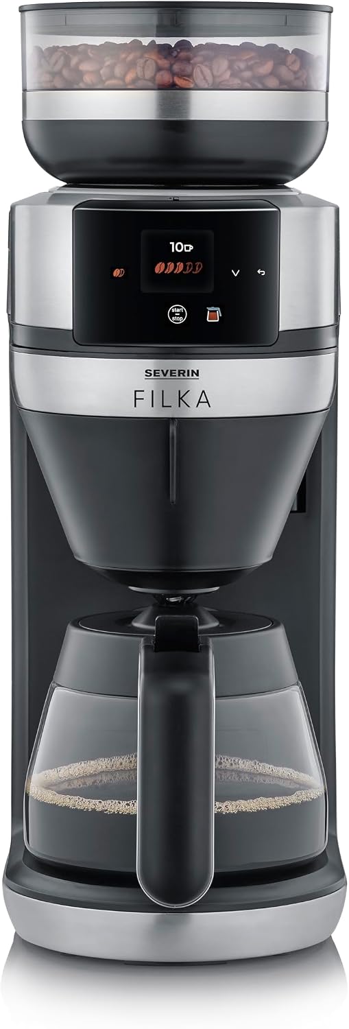 SEVERIN Vollautomat für Filterkaffee, 100-350ml, 5-in-1 Filterkaffeemaschine, Mahlwerk, 5 Kaffeestärken, LED-Display, Warmhaltefunktion, Glaskanne