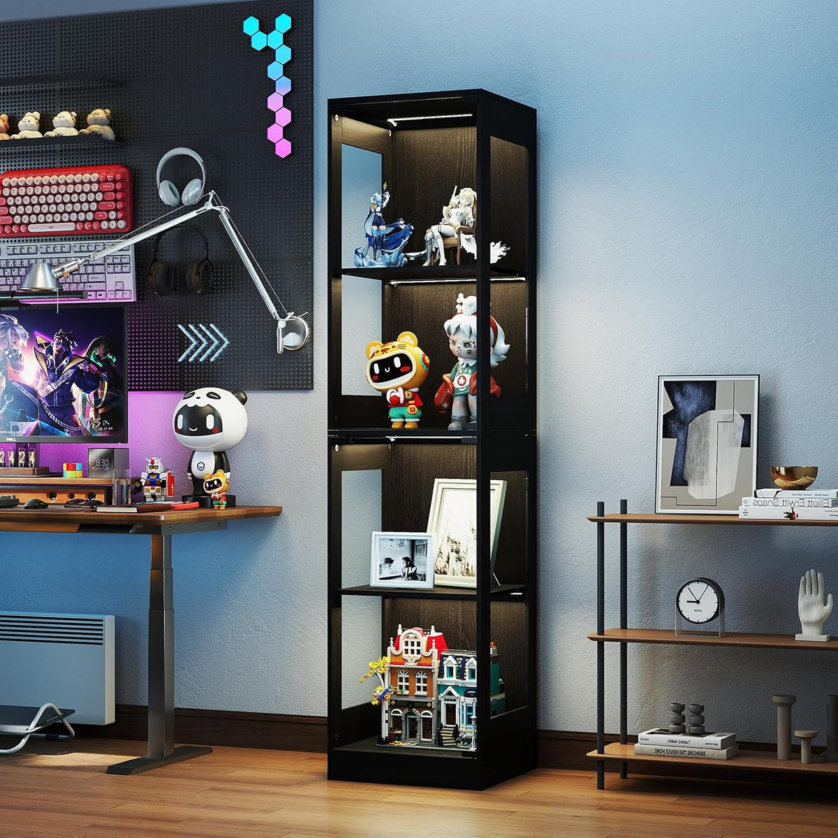 YU YUSING Vitrine mit LED Beleuchtung und Glastüren, 165cm Glasvitrine Sammlervitrine Vitrinenschrank mit Intelligente Sensorik, Schwarz, 4-stöckige