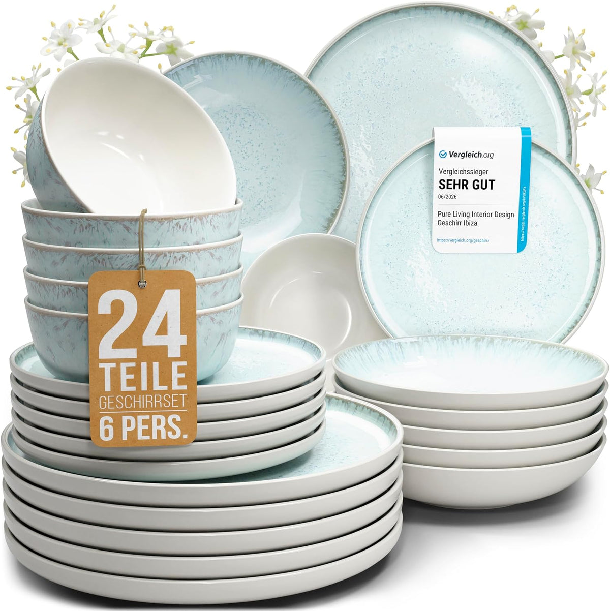 Steingut Geschirrset 6 Personen Ibiza 24 tlg. TESTSIEGER, Traumhaftes Mediterranes Steingut Geschirr Set, Schüssel- und Teller Set