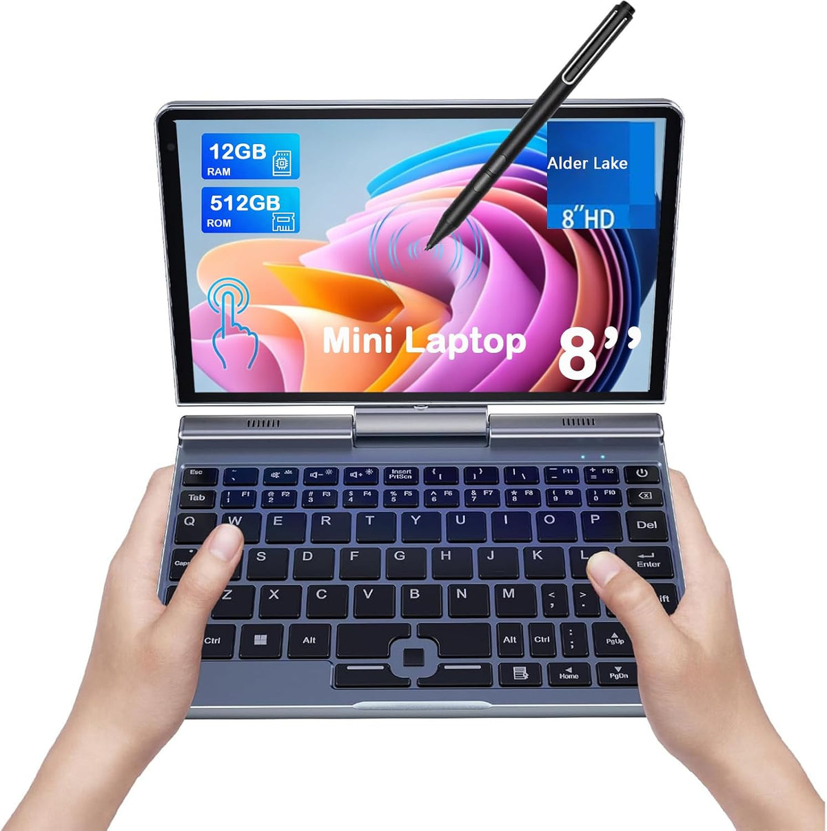 8' Touchscreen Laptop, Mini Laptops 2 in 1 Laptop mit Tastatur 12 GB LPDDR5-RAM, 512 GB/1 TB SSD, 2-MP-Kamera, Convertible Computer(N95-12GB+512GB)