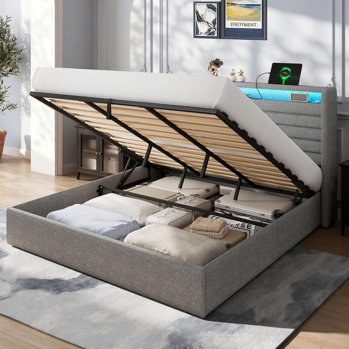 iPormis Bett 180x200 mit Stauraum, Polsterbett 180x200 cm mit LED-Beleuchtung & Ladestation, Ohne Matratze, Lattenrost, Hellgrau