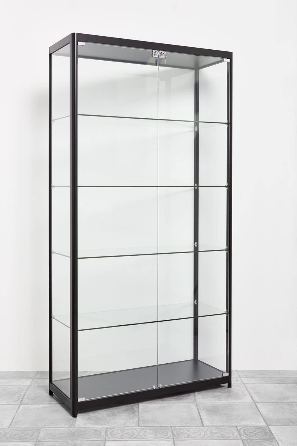Verkaufsvitrine Glas mit LED-Beleuchtung B100xH198xT40cm, Vitrine schwarze Aluprofile, Ausstellungsvitrine mit 5 Ebenen, Schmuckvitrine abschließbar