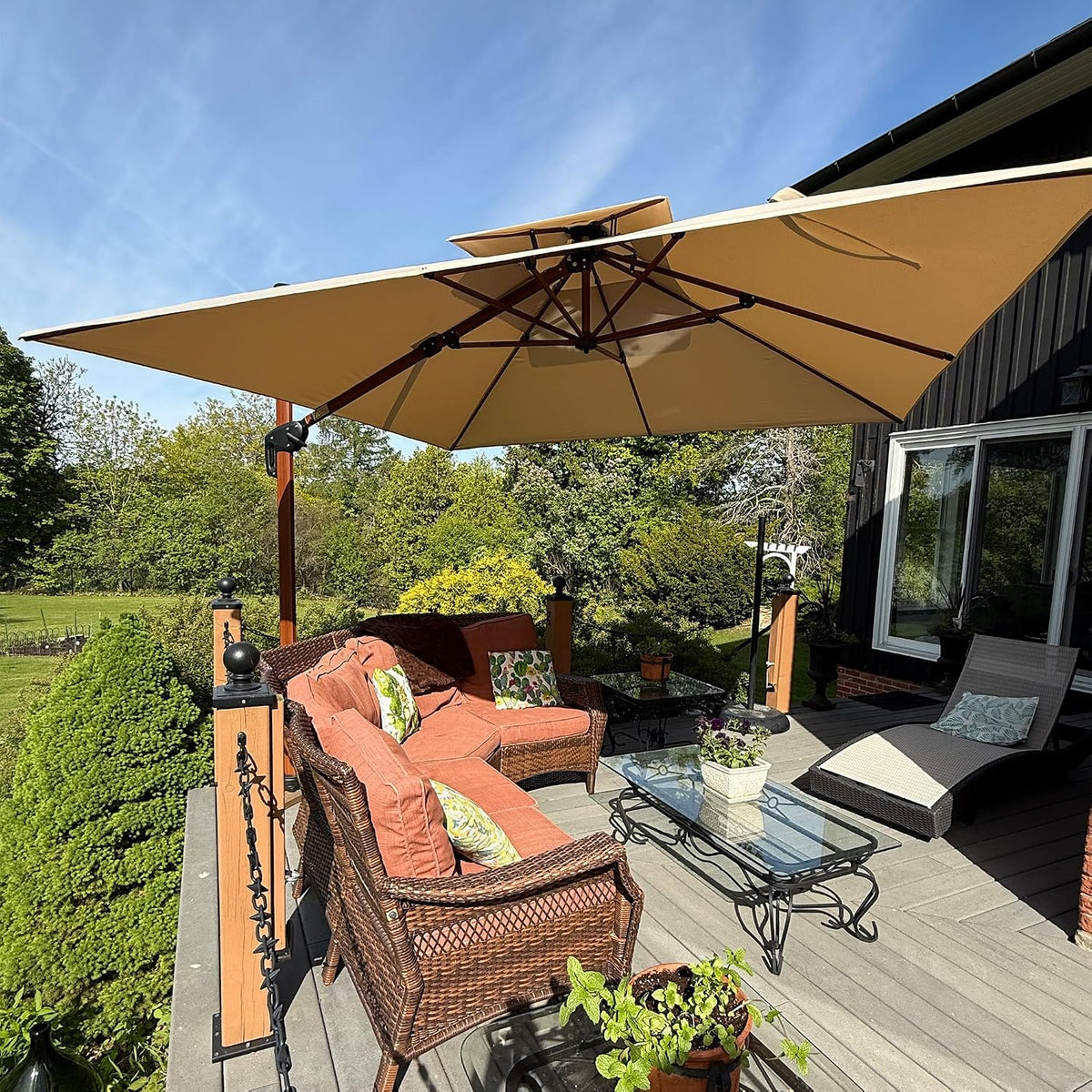 PURPLE LEAF Sonnenschirm 300 × 300 cm Alu-Griff Holzoptik Doppeldach Beige